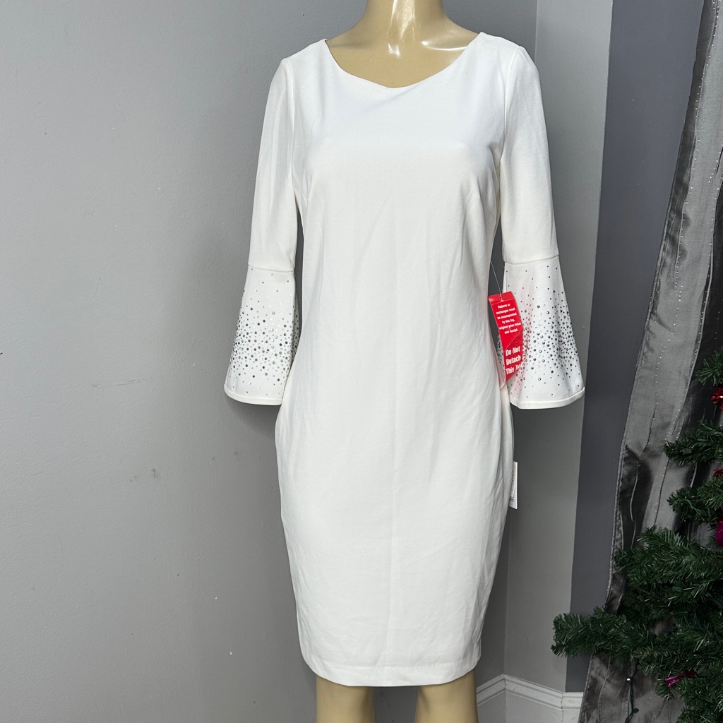Calvin Klein Women’s Knee Length 3/4 Sleeve Dress Sz 8 Nwt Beautiful White Dress